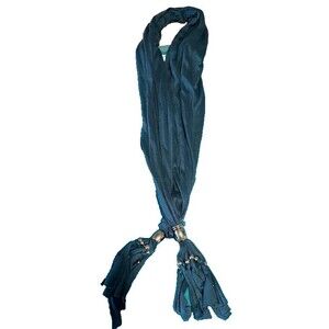 Bohochic Western Teal Blue Scarf Silver Beaded Fringe Business Casual Statement